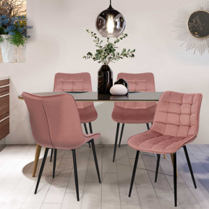 IDMarket Lot de 4 chaises en velours rose pastel matelassé