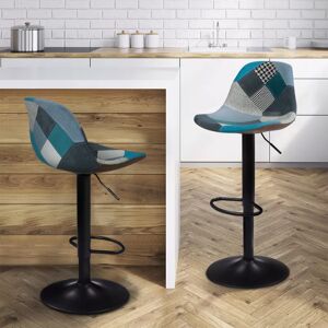 IDMarket Lot de 2 tabourets de bar design pied noir assise patchwork bleu