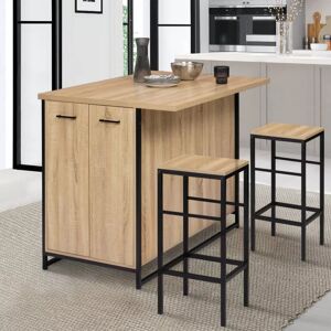 IDMarket Ilot central avec tabourets bois et métal noir 120cm industriel