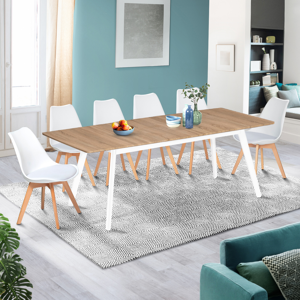 IDMarket Table extensible scandinave plateau bois pieds blancs 160-200cm