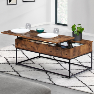 IDMarket Table basse plateau relevable effet bois vieilli et pieds métal