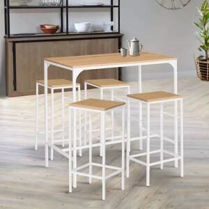 IDMarket Table haute avec 4 tabourets metal blanc et bois style industriel