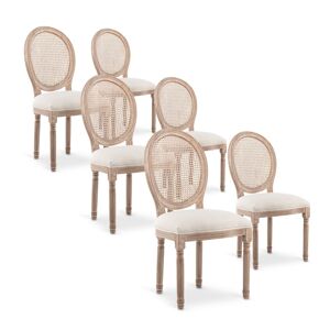 Lot de 6 chaises médaillon Louis XVI Cannage Rotin tissu Beige