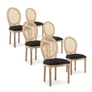 IntenseDeco Lot de 6 chaises médaillon Louis XVI Cannage Rotin tissu Noir