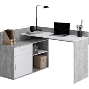 Terre de Nuit Bureau d'angle avec rangements en bois imitation gris béton et blanc - BU13051