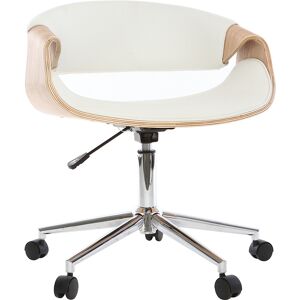 Miliboo Chaise de bureau à roulettes design blanc, bois clair et acier chromé ARAMIS - Publicité