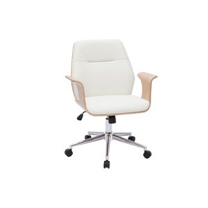 Miliboo Chaise de bureau à roulettes design blanc, bois clair et acier chromé RUFIN - Publicité