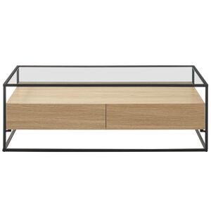 Miliboo Table basse rectangulaire 2 tiroirs verre trempé, bois clair finition chêne et métal noir FINN - Publicité