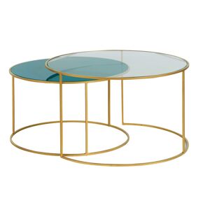 Miliboo Tables basses gigognes rondes design métal doré et verre teinté bleu pétrole (lot de 2) ROXO - Publicité