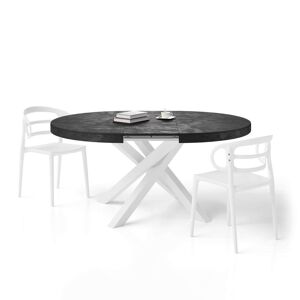 Mobili Fiver Table ronde extensible Emma, 120-160 cm, Noir Béton, avec pieds blancs croisés