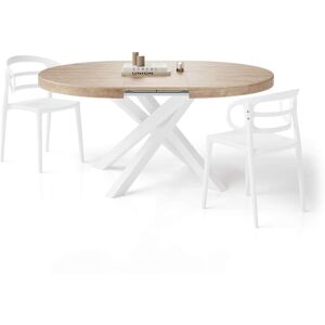 Mobili Fiver Table ronde extensible Emma, 120-160 cm, Chêne Naturel, avec pieds blancs croisés