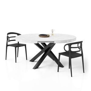 Mobili Fiver Table ronde extensible Emma, 120-160 cm, Blanc Béton avec pieds noirs croisés