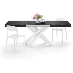 Mobili Fiver Table Extensible Emma 140(220)x90 cm, Noir Beton avec Pieds Croises Blancs