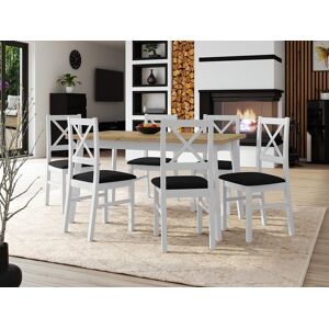 Mobistoxx Table repas ALONSO 140 > 180 cm blanc avec 6 chaises coussins noir