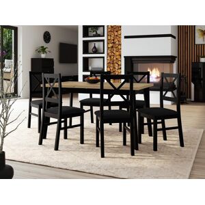 Mobistoxx Table repas ALONSO 140 > 180 cm noir avec 6 chaises coussins noir