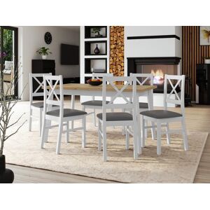 Mobistoxx Table repas ALONSO 140 > 180 cm blanc avec 6 chaises coussins gris