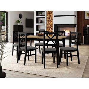 Mobistoxx Table repas ALONSO 140 > 180 cm noir avec 6 chaises coussins gris