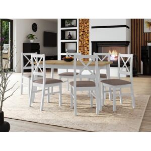 Mobistoxx Table repas ALEZY 140 > 180 cm blanc avec 6 chaises coussins taupe