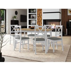 Mobistoxx Table repas ALEZY 140 > 180 cm blanc avec 6 chaises coussins gris