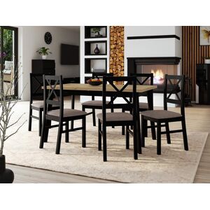 Mobistoxx Table repas ALEZY 140 > 180 cm noir avec 6 chaises coussins taupe