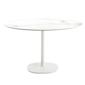 KARTELL table MULTIPLO avec plateau rond Ø 118 cm et grande base carree (Blanc - Aluminium moule et plateau en ceramique finition marbre)