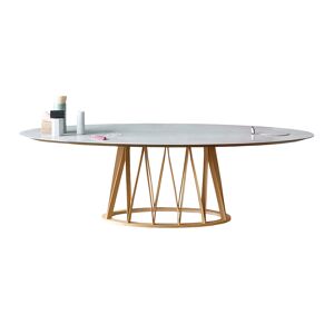 MINIFORMS table ovale ACCO 200x120 cm (Plateau Statuario blanc et base en chene flamme - Bois et gres porcelaine)