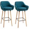 Homcom Tabourets de bar design scandinave - lot de 2 tabourets de bar grand confort avec repose-pieds et accoudoirs - bois de hêtre lin bleu canard