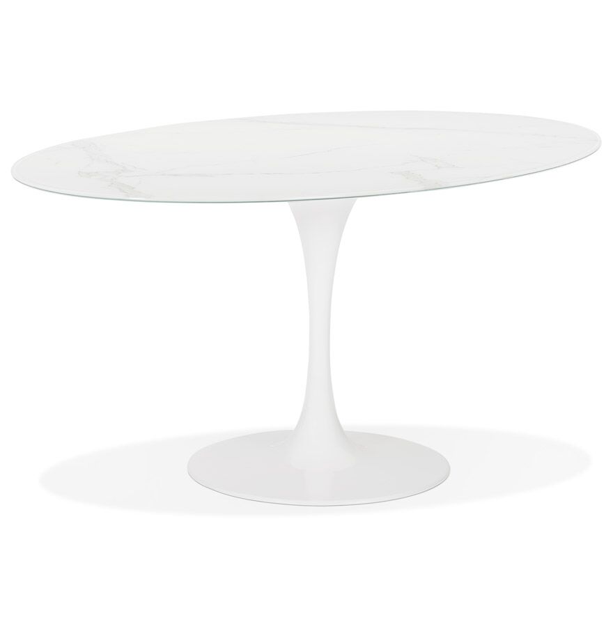 Table à manger design 'CHAMAN' ovale blanche en verre effet marbre - 160x105 cm