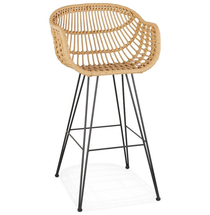 Tabouret de bar avec accoudoirs 'NATAN' en rotin couleur naturelle et métal noir