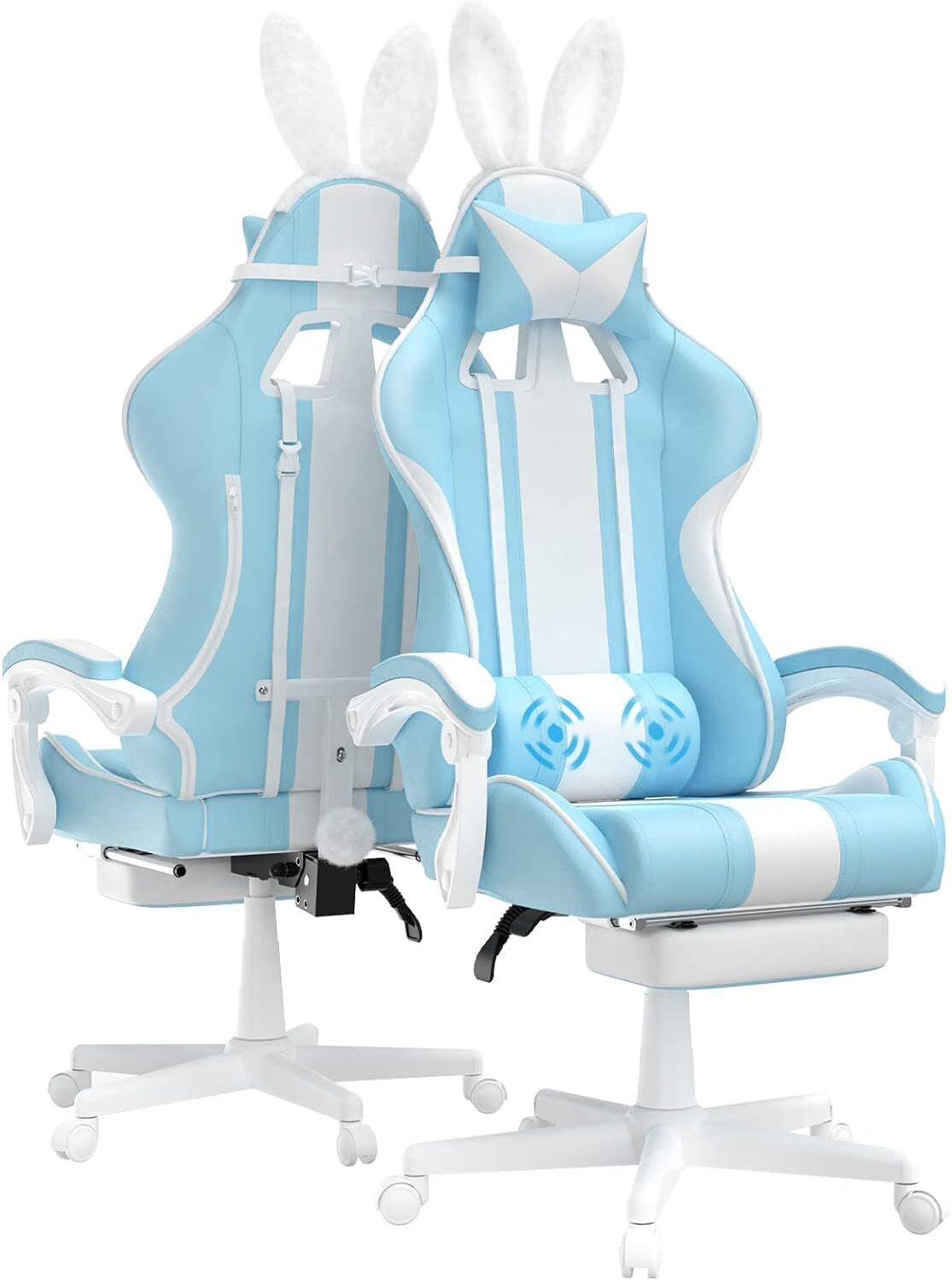 Gaming Chair Massage Avec Repose-Pieds Fauteuil Ergonomique Gaming Chair Avec Appui-Tête Chaise De Bureau Pc Gamer Racing Avec Coussin Lombaire Et Oreilles De Lapin Bleu Clair A-Bleu Clair