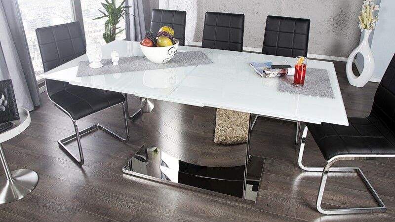 gdegdesign Table à manger extensible verre blanc piétement chromé 180 220 cm - Gwalior