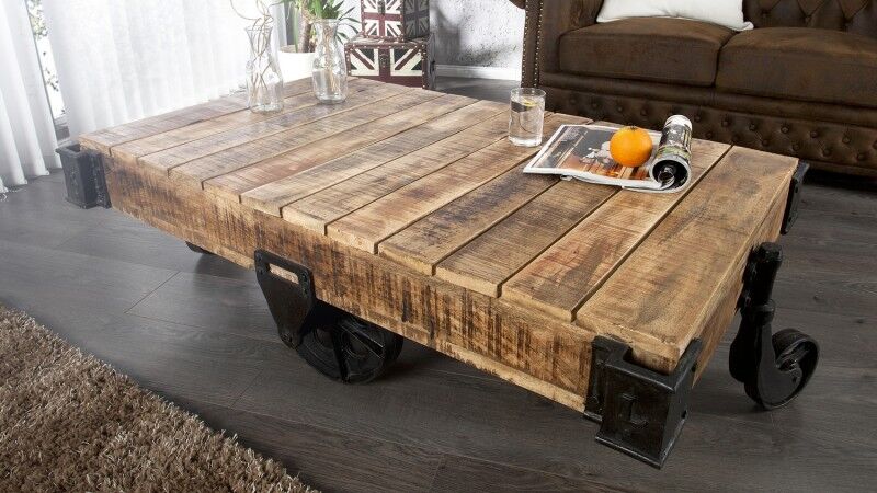 gdegdesign Table basse industriel bois et métal avec roues - Harry