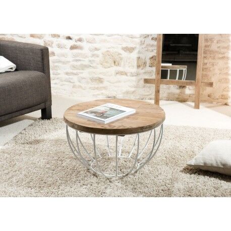 Macabane Table basse en teck recyclé et coque en métal blanc Diam.60cm - Macabane