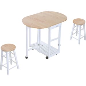 Homcom Set 3 Pezzi con Tavolo Pieghevole e 2 Sgabelli, Carrello da Cucina Salvaspazio con 6 Ruote, Bianco e Legno