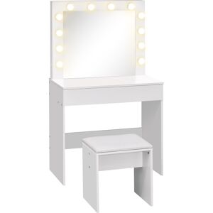 Homcom Tavolo da trucco con sgabello imbottito specchio 12 lampadine a LED ampio cassetto vintage per camera da letto  in MDF bianco