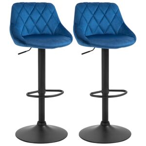 Homcom Set 2 Sgabelli da Bar, Altezza Regolabile con Base in Metallo e Seduta in Velluto, Sgabelli Moderni con Schienale e Poggiapiedi, Blu