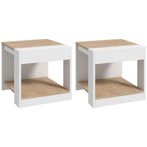 Homcom Set da 2 Tavolini da Soggiorno con Design a Due Livelli, 40x40x45cm, Bianco e Quercia
