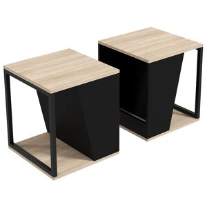 Homcom Set da 2 Tavolini da Caffè con Vano Porta Oggetti in Truciolato e Acciaio, 40x40x45cm, Nero e Quercia