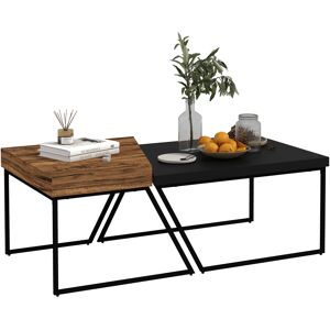 Homcom Set 2 Tavolini da Caffè in Truciolato e Acciaio, Tavolo Nero 80x60x42 cm e Tavolo Marrone 60x60x46 cm