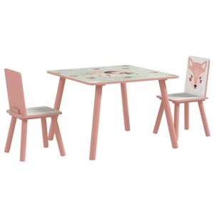 Zonekiz Set Tavolo e Sedie 3 Pezzi per Bambini 3-8 Anni in MDF e Legno di Pino con Disegni di Animali, Rosa