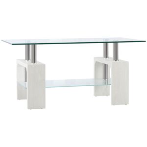 Homcom Tavolino da Caffè Moderno a 2 Livelli in Vetro e Legno, 90x50x42cm, Bianco