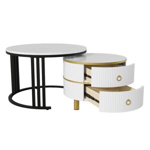 Gl Store Tavolino 2-in-1 in MDF con Piano Lucido e Piano in Marmo Bianco, Combinazione Tavolino Soggiorno con 2 Cassetti, Nero