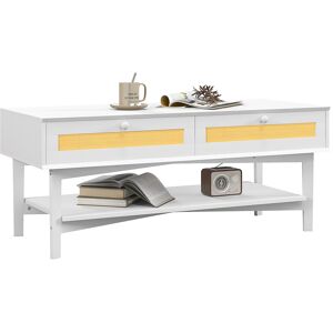 Homcom Tavolino da Caffè Boho con 2 Cassetti e Ripiano, in Rattan e Truciolato, 120x50x50 cm, Bianco e color Legno