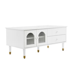 Pd1 Tavolino Elegante in Bianco 100cm - Stile Lusso Leggero in MDF con Top Marmorizzato, 2 Ante, 2 Cassetti e Dettagli Dorati, Bianco