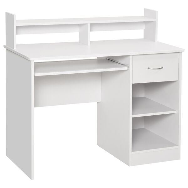 homcom scrivania per computer in legno con vassoio per tastiera, scrivania con cassetti e ripiani regolabili, cassetto, bianco, 104x48x95.5cm