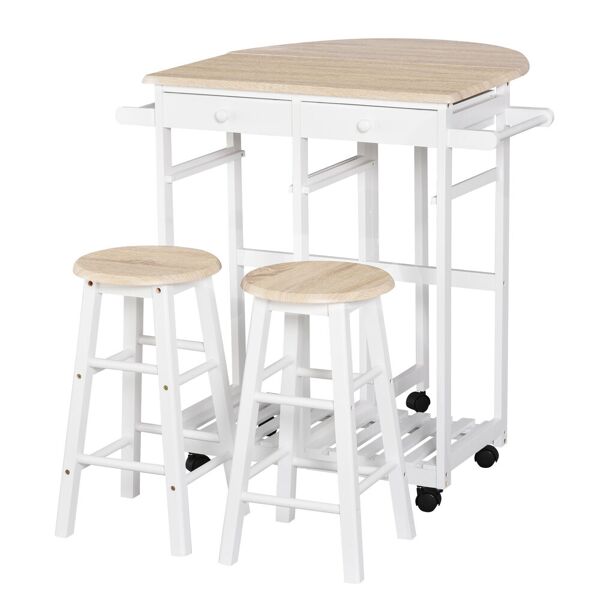 homcom carrello cucina pieghevole e salvaspazio tavolino con 2 sgabelli 2 cassetti 5 ruote (rotazione 360°), legno mdf bianco