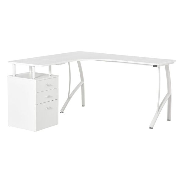 homcom scrivania angolare con cassettiera, scrivania ufficio porta pc in legno e metallo, bianco, 143.5x143.5x76cm
