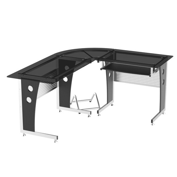 homcom scrivania ad angolo tavolo per computer angolare, scrivania a l  in legno mdf metallo e vetro nero