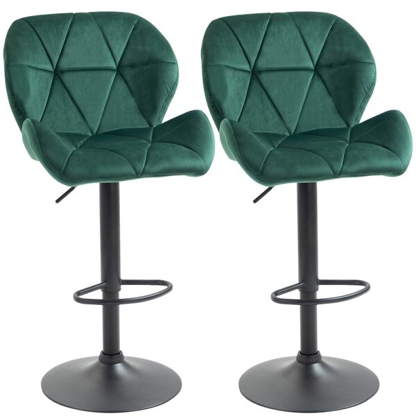 homcom set 2 sgabelli da bar girevoli con altezza regolabile, rivestimento velluto e base rotonda, 51.5x57.5x93-114.5cm, verde