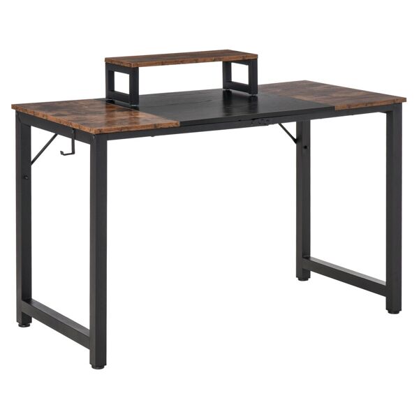 homcom scrivania da ufficio stile industriale, scrivania porta pc con supporto per il monitor e gancio, marrone e nero, 120x60x73.5cm